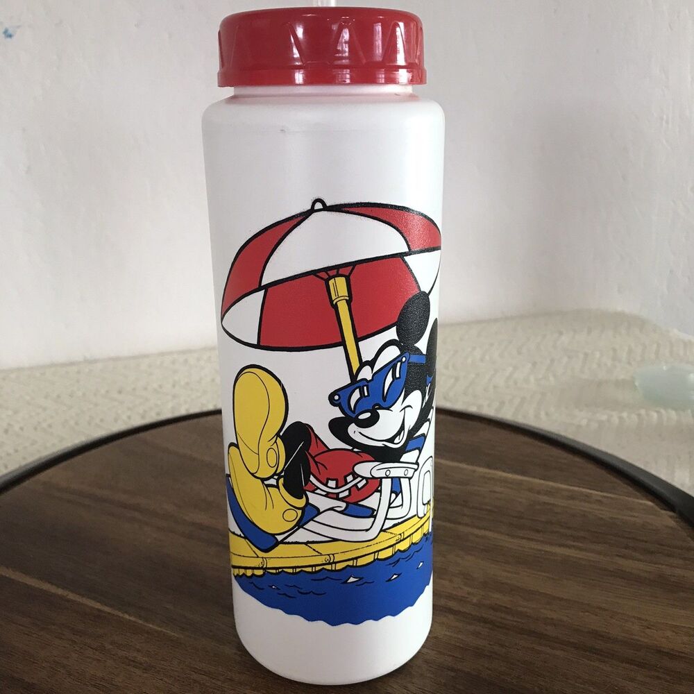 Vintage Disney Mickey Mouse Refillable Water Bottle W/ Straw Mickey By The Pool